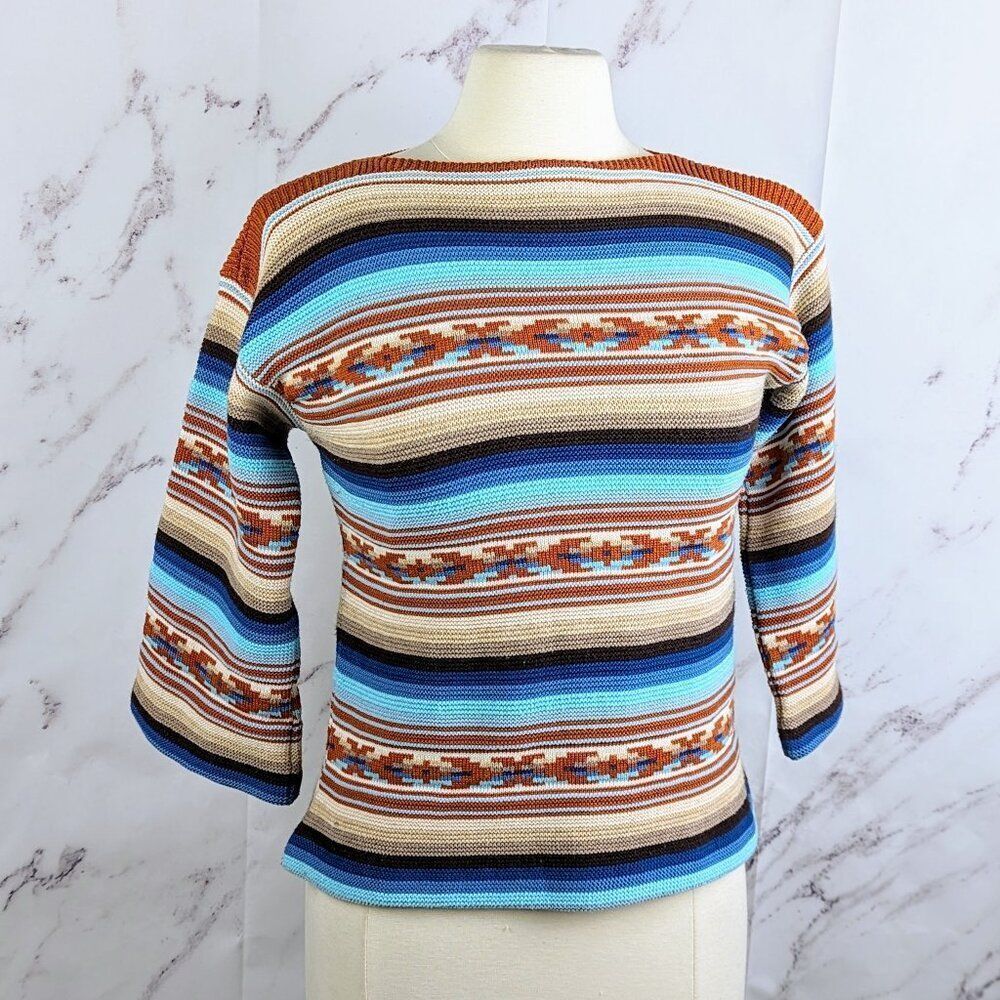 Southwestern 70s Sweater Vintage 3/4 Length Bell Sleeves Knit Size Small